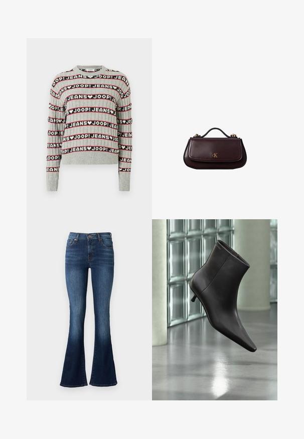 Grå strikket sweater med et mønster af vekslende "JOOP! JEANS"-tekst i sorte og røde striber, med ribstrikket rund halsudskæring og ærmekanter.; Blå flagrende jeans lavet af denim. Har høj talje, fem lommer og subtil falmning nær kanten. Syninger i en kontrastfarve.; Sort læderankelstøvle med spids tå og lille hæl vist mod en væg af glasblokke og poleret gulv baggrund.; Lille mørkebrun læderhåndtaske med tophåndtag, guldspænde og guld "cK"-logo på frontklappen.