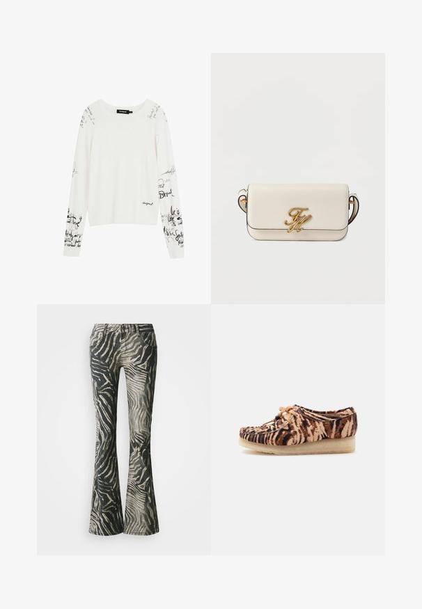 Hvid sweater med lange ærmer prydet med sort håndskrevet tekst og motiver, rund halsudskæring samt ribkant ved kant og ærmekanter.; Bredde jeans i et sort og beige zebra mønster, fremstillet af denim materiale, med fem-lomme design og synlige syninger.; Tigerprint mokkasinstil sko med beige crepesål og tan snørebånd med sorte perler, vist i profil mod en hvid baggrund.; Hvid læderclutch med sorte kanter, guldfarvet logo på fronten og to sidelænker. Glat tekstur, rektangulær form, kompakt design.