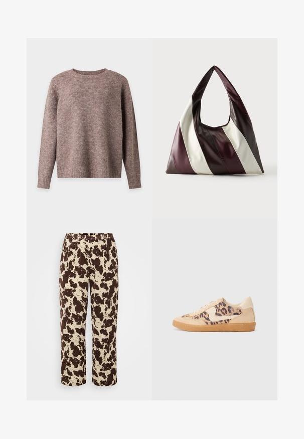 Langarm Rundhals-Pullover aus weichem, strukturiertem braunem Strickstoff mit gerippten Bündchen und Saum auf einfarbigem Hintergrund.; Braune und cremefarbene Sweatpants mit Muster, elastischem Bund und geradem Schnitt, hergestellt aus weichem, leichtem Stoff.; Löwenmuster-Sneaker mit beige Wildleder-Obermaterial, tanfarbener Gummisohle und weißen Akzenten. Runde Zehenform und Schnürdesign mit strukturiertem Finish.; Große dreieckige Ledertasche mit breiten diagonalen Streifen in Dunkelbraun, Burgunderrot und Cremefarben vor einfachem Hintergrund.