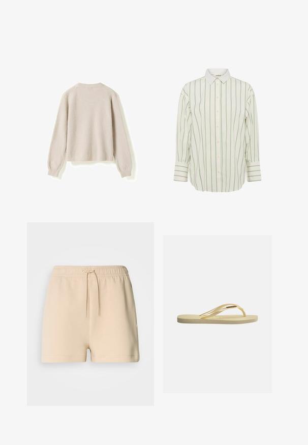 Pull en laine beige à manches longues avec encolure ronde, poignets et ourlet côtelés, vu de dos sur un fond blanc.; Chemise boutonnée à manches longues en coton blanc avec des rayures verticales vertes. Dispose d'un col classique et de manches boutonnées avec des accents rayés.; Shorts en coton beige avec une taille élastique et un cordon de serrage réglable. Présentent un design simple et un accent logo sur le côté.; Tongs beige unique avec semelle texturée et fines brides, arborant un petit logo de marque doré sur la bride.