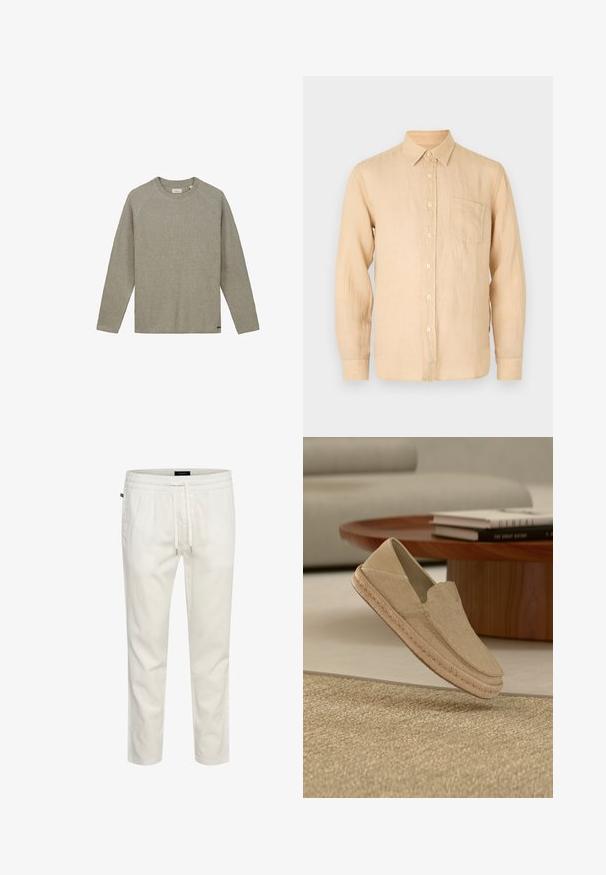 Beige strikket sweater med rund hals, lange raglanærmer og et tekstureret mønster. Har et lille mærke ved kanten.; Beige langærmet skjorte i linned med knapkrave, frontlomme og en glat, let struktureret overflade. Klassisk pasform og enkelt design.; Hvide, letvægts bomulds-joggers med elastisk talje, snor i taljen og en afslappet pasform. Glat tekstur uden mønstre eller accenter.; Beige vævet slip-on sko med flettet sål svævende over en struktureret tæppe, rundt træbord og stablede bøger i et rum med neutrale toner.