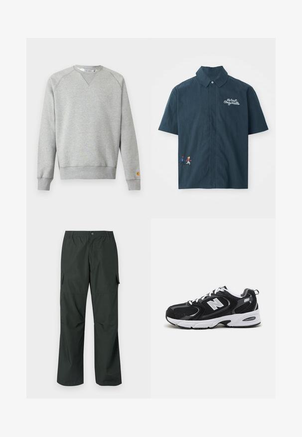Lysegrå crewneck sweatshir t med lange ærmer, ribbede manchetter og kant, samt lille logo patch på venstre ærmekant.; Kortærmet mørkeblå skjorte lavet af bomuldsstof med knap- ned krave. Har hvidt broderet tekst og farverigt pixeliseret par design.; Mørkegrøn cargo bukser med en afslappet pasform, elastisk talje, sydde lommer og en glat, let stofstruktur.; Sorte og grå sportssko med mesh og ruskind på overdelen, der har en hvid mellemsål, snørebånd og et iøjnefaldende "N" logo på siden.