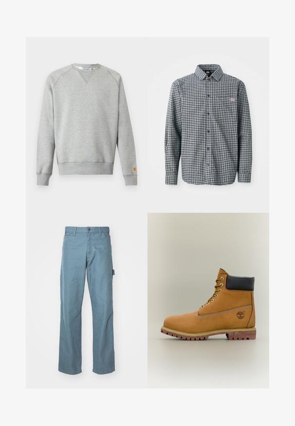 Sudadera gris claro con cuello redondo, mangas largas, puños y dobladillo acanalados, y pequeño parche con logo en el puño de la manga izquierda.; Camisa de cuadros en blanco y negro de manga larga con botones, cuello y un pequeño parche con logo en el bolsillo del pecho izquierdo.; Pantalones cargo de algodón en azul claro con un diseño de pierna recta, dos bolsillos laterales y un lazo en la cintura para mayor utilidad.; Bota de tobillo de cuero marrón con cuello negro, cordones amarillos y suela beige. Presenta un logotipo y detalles de costura blanca. Suela exterior con tracción robusta.