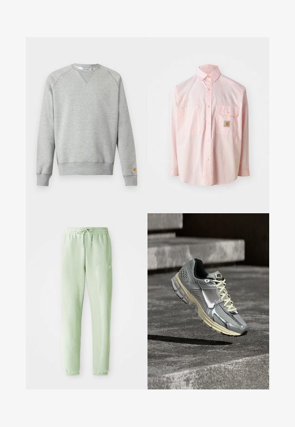 Sudadera gris claro con cuello redondo, mangas largas, puños y dobladillo acanalados, y pequeño parche con logo en el puño de la manga izquierda.; Camisa de botones rosa claro con dos bolsillos en el pecho y una etiqueta de logo. Hecha de algodón, con cuello clásico y mangas largas.; Pantalones de chándal verde claro, hechos de algodón suave, con cintura elástica y cordón, piernas ajustadas y puños gather.; Zapatilla de running Nike gris y beige con cordones blancos y un gran logo blanco, colocada como si flotara sobre una superficie de hormigón.