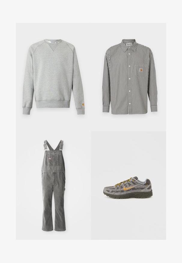 Lichtgrijze crewneck sweater met lange mouwen, geribde manchetten en zoom, en een klein logoplaatje op de linkermouwmanchet.; Zwart-wit verticaal gestreept langwerpig shirt met een button-down kraag. Voorzien van een borstzak met een beige logo patch.; Grijze denim salopettes met verstelbare bandjes, een borstzak aan de voorkant, zakken aan de zijkanten en flared pijpen. Stevige stof en een ontspannen pasvorm voor comfort.; Grijze suède sneaker met gouden accenten, gestructureerde panelen en bijpassende veters. Voorzien van een gevoerde zool en een logodetail aan de zijkant.