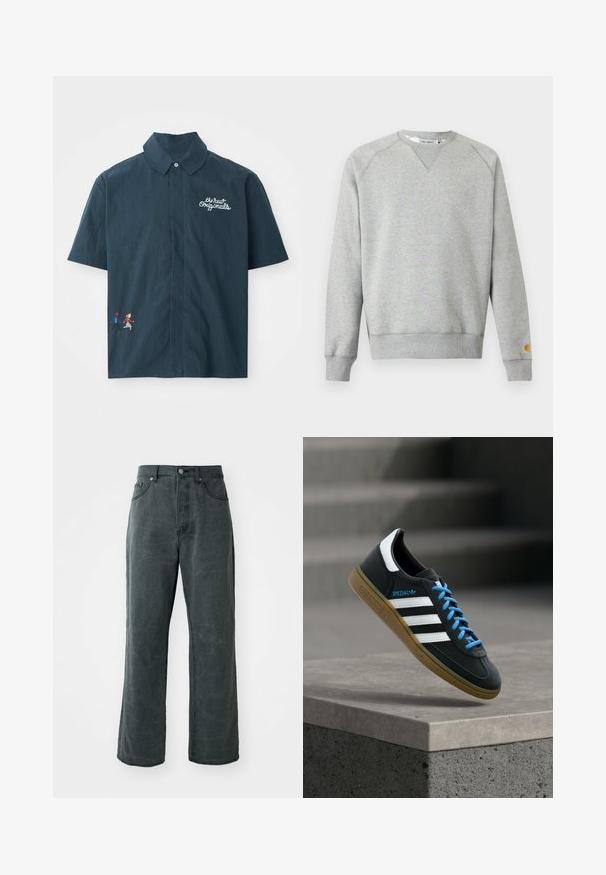 Lysegrå crewneck sweatshir t med lange ærmer, ribbede manchetter og kant, samt lille logo patch på venstre ærmekant.; Kortærmet mørkeblå skjorte lavet af bomuldsstof med knap- ned krave. Har hvidt broderet tekst og farverigt pixeliseret par design.; Bredde ben mørkegrå jeans lavet af denim, med høj talje, fem-lomme design og en subtil distressed tekstur.; Sort Adidas sneaker med hvide striber, blå snørebånd og gummisål, der svæver over gråt betontrin i blødt lys.