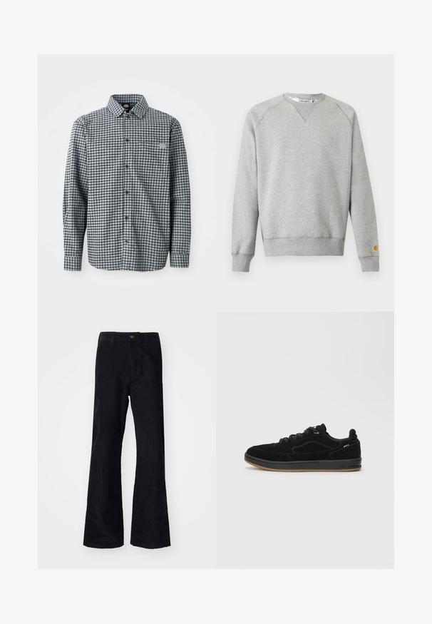 Sweat-shirt gris clair à col rond, manches longues, poignets et ourlet côtelés, avec une petite étiquette logo sur le poignet de la manche gauche.; Chemise à manches longues à carreaux noir et blanc, avec col et petite patch logo sur la poche poitrine gauche.; Pantalons évasés noirs en coton avec une taille traditionnelle, un bouton à l'avant et des poches sur les côtés et à l'arrière. Texture lisse.; Baskets en daim noir avec une semelle en gomme lisse, présentant un design à tige basse, des lacets ronds et des accents de couture subtils.