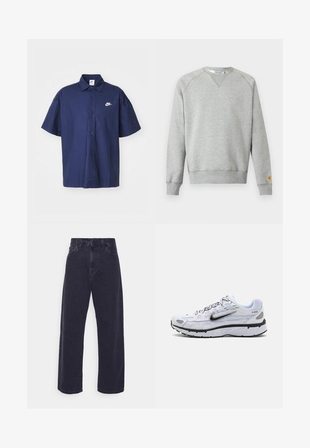 Helehall hall crewneck-tüüpne dressipluus pikkade varrukate ja soonikkoes mansettidega ning väike logoga tahvel vasaku varruka mansetil.; Tumesinine lühikeste varrukatega nööpidega särk, millel on kortsus tekstuur ja valge Nike logo vasakul rinnal. Omab standardset kraed ja musti nööpe.; Tumedat pesu teksad laia säärte siluetiga, kõrge vöökoht ja viie-tasku disain. Omab klassikalist nööbi ja tõmbluku sulgemist.; Valge jooksutoss, millel on võrkmaterjalist pealis, ümar varvas, mustad aksessuaarid ja mustriline tall. Omab paeltega kinnitamist ja brändingut külgedel.