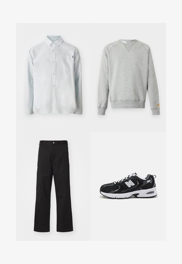 Lichtgrijze crewneck sweater met lange mouwen, geribde manchetten en zoom, en een klein logoplaatje op de linkermouwmanchet.; New Balance OXFORD - Overhemd - blue; Zwarte broek van duurzame stof met een rechte pasvorm, voorzien van een knoopsluiting aan de voorkant, riemlussen en zonder zichtbare patronen of accenten.; Zwarte en grijze sport schoenen met een bovenwerk van mesh en suede, voorzien van een witte tussenzool, veters en een gedurfde "N"-logo aan de zijkant.
