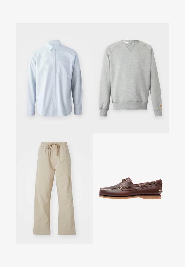 Lichtgrijze crewneck sweater met lange mouwen, geribde manchetten en zoom, en een klein logoplaatje op de linkermouwmanchet.; Lichtblauw overhemd met lange mouwen gemaakt van katoen. Voorzien van een button-down kraag, knopen aan de voorkant en een borstzak aan de linkerkant.; Beige katoenen broek met een elastische tailleband en trekkoord. Recht gesneden ontwerp, zachte textuur en geen zichtbare patronen of accenten.; Bruine leren bootschoen met witte stiksels, veterdetails en beige rubberen zool, zijaanzicht op een witte achtergrond.