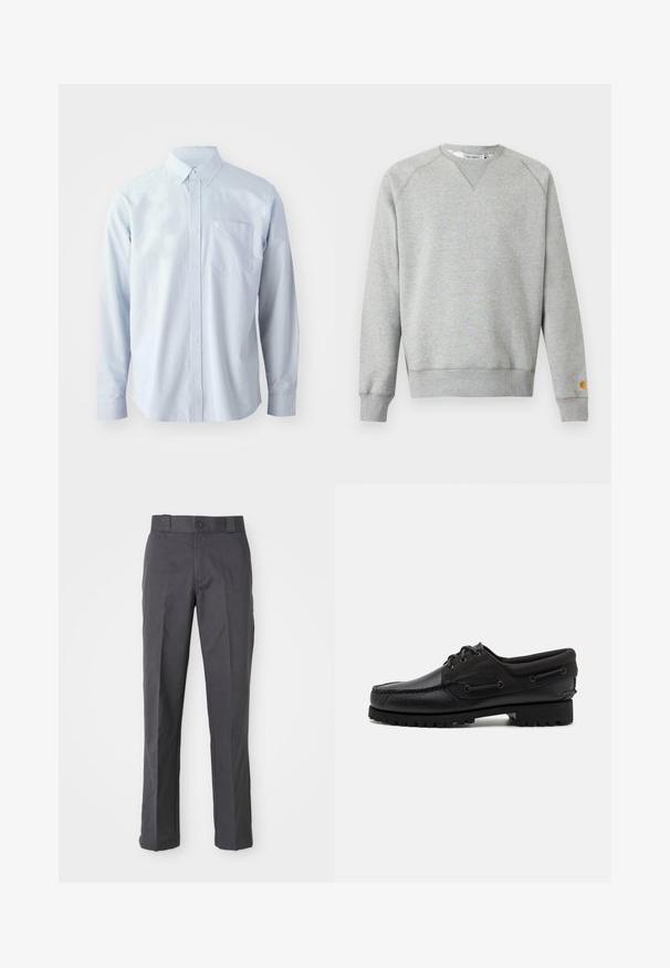 Hellgraues Sweatshirt mit Rundhalsausschnitt, langen Ärmeln, gerippten Bündchen und Saum sowie kleinem Logo-Patch am linken Ärmelbündchen.; Helles blaues Langarmhemd aus Baumwolle. Verfügt über einen Button-Down-Kragen, Frontknöpfe und eine Brusttasche auf der linken Seite.; Dunkelgraue Hose aus Baumwollmischung mit geradem Bein, vorderen Taschen und einem Knopfverschluss an der Taille.; Schwarzer Schuh mit einem Obermaterial aus Leder, textilen Akzenten, runden Schnürsenkeln und einer strukturierten Gummisohle. Verfügt über Mokassin-Nähte und eine Markeninschrift.