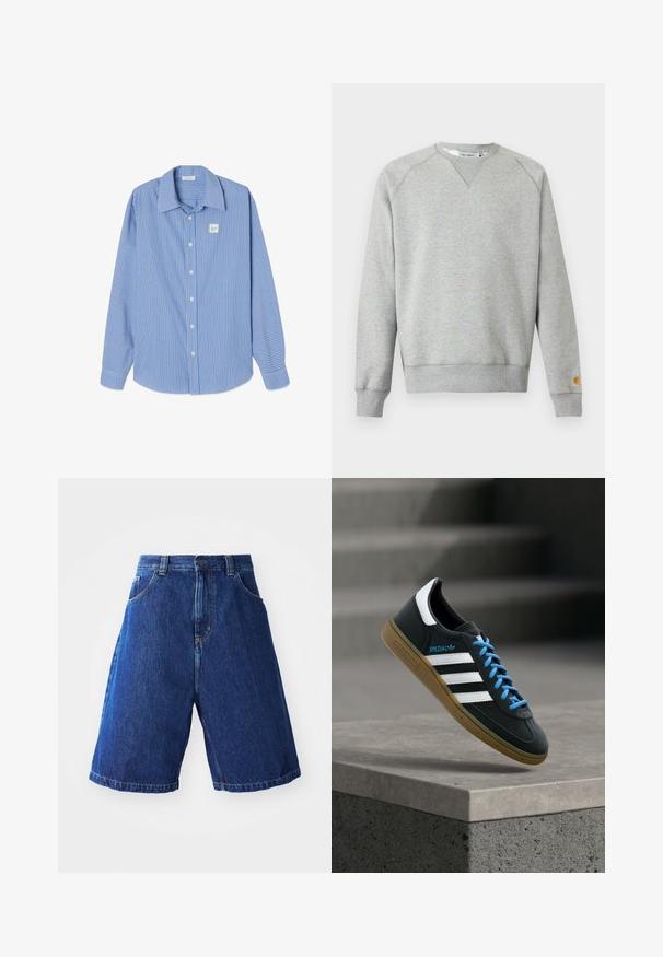 Hellgraues Sweatshirt mit Rundhalsausschnitt, langen Ärmeln, gerippten Bündchen und Saum sowie kleinem Logo-Patch am linken Ärmelbündchen.; Blau-weiß gestreiftes Langarmhemd mit spitzem Kragen, Knopfleiste vorn und einem kleinen quadratischen Logoaufnäher auf der linken Brust.; Jeansshorts mit blauer Waschung, hoher Taille, zwei Fronttaschen und gelben Nähten entlang der Nähte.; Schwarzer Adidas-Sneaker mit weißen Streifen, blauen Schnürsenkeln und Gummisohle, der über einer grauen Betontreppe im weichen Licht schwebt.