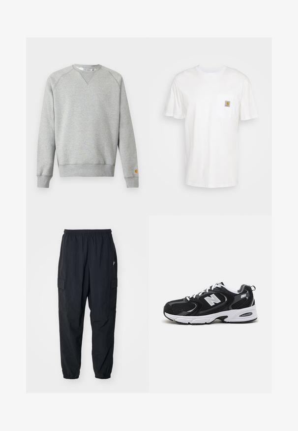 Lysegrå crewneck sweatshir t med lange ærmer, ribbede manchetter og kant, samt lille logo patch på venstre ærmekant.; Hvid bomulds T-shirt med korte ærmer, en brystlomme, og et lille firkantet logo patch i orange og hvid på lommen.; Sorte cargo-bukser lavet af letvægtsmateriale, der har en elastisk talje, sidelommer og en afslappet pasform med elastiske manchetter.; Sorte og grå sportssko med mesh og ruskind på overdelen, der har en hvid mellemsål, snørebånd og et iøjnefaldende "N" logo på siden.