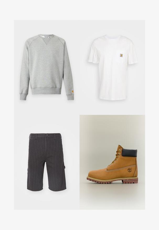 Sweat-shirt gris clair à col rond, manches longues, poignets et ourlet côtelés, avec une petite étiquette logo sur le poignet de la manche gauche.; T-shirt en coton blanc à manches courtes, avec une poche poitrine et un petit patch logo carré en orange et blanc sur la poche.; Shorts noirs à rayures avec une coupe droite, dotés d'une fermeture à bouton et de poches latérales, fabriqués en tissu en mélange de coton texturé.; Bottine en cuir marron avec col noir, lacets jaunes et semelle beige. Présente un logo et des détails de couture blanche. Semelle extérieure à traction robuste.
