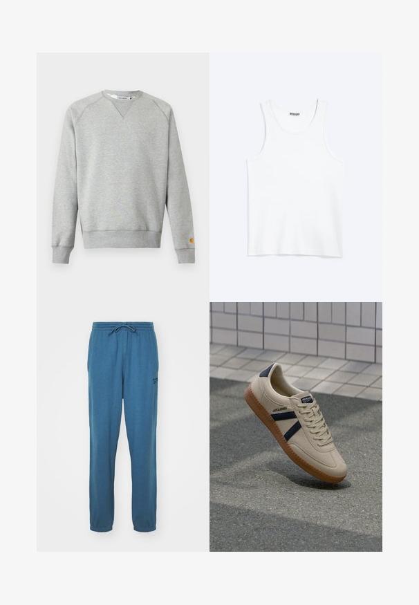 Sudadera gris claro con cuello redondo, mangas largas, puños y dobladillo acanalados, y pequeño parche con logo en el puño de la manga izquierda.; Camiseta sin mangas blanca con cuello redondo y etiqueta de la marca Weekday en el interior del cuello trasero, mostrada plana sobre un fondo claro.; Pantalones de chándal azul de algodón con cintura elástica y cordón ajustable. Presenta un pequeño logo en la pierna izquierda y puños ajustados en los tobillos.; Zapatilla beige con acabado texturizado, rayas azul marino y suela de goma. Presenta una lengüeta acolchada y un sistema de cordones tradicional para un ajuste seguro.
