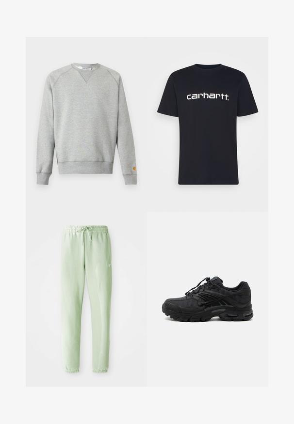 Hellgraues Sweatshirt mit Rundhalsausschnitt, langen Ärmeln, gerippten Bündchen und Saum sowie kleinem Logo-Patch am linken Ärmelbündchen.; Schwarzes Baumwoll-T-Shirt mit kurzen Ärmeln und Rundhalsausschnitt; zeigt das weiße "Carhartt"-Logo, das quer über die Brust gedruckt ist. Glatte Textur, schlichtes Design.; Helle grüne Jogginghosen aus weichem Baumwollstoff, mit einem elastischen Bund und Kordelzug, schmal zulaufenden Beinen und gerüschten Bündchen.; Schwarzer athletischer Sneaker mit strukturiertem Stoff, dicker gepolsterter Sohle, Luftauslässen und Schnürverschluss, von der Seite auf hellem Hintergrund gezeigt.