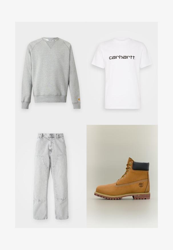 Hellgraues Sweatshirt mit Rundhalsausschnitt, langen Ärmeln, gerippten Bündchen und Saum sowie kleinem Logo-Patch am linken Ärmelbündchen.; Weißes Baumwoll-T-Shirt mit kurzen Ärmeln und Rundhalsausschnitt. Mit großem "Carhartt"-Logo in Dunkelbraun über der Brust.; Hellgraue Jeanshose mit weitem Schnitt, großen Seitentaschen, sichtbaren Nähten und geradem Bein. Gürtelschlaufen an der Taille.; Brauner Leder-Stiefelette mit schwarzem Kragen, gelben Schnürsenkeln und hellbrauner Sohle. Verfügt über ein Logo und weiße Ziernähe. Robuste Profilsohle.
