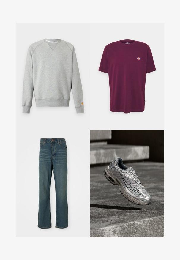 Helehall hall crewneck-tüüpne dressipluus pikkade varrukate ja soonikkoes mansettidega ning väike logoga tahvel vasaku varruka mansetil.; Burgundia puuvillane T-särk ümarate kraega, lühikeste varrukatega ja väikese mitmevärvilise logoga rinnaosas. Sile tekstuur, standardne lõige.; Sinised denim teksad sirge jala disainiga, millel on viis taskut, nööpkinnitus ja kergelt pleekinud esiosa.; Hõbedane ja hall Nike jooksujalats hõljuvas õhus betoonastmete kohal, näidates võrkkestast pealmist osa ja pehmendusega tallafunktsioone.