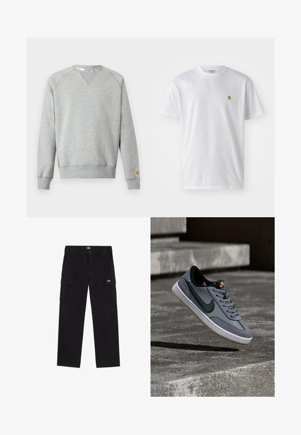 Sudadera gris claro con cuello redondo, mangas largas, puños y dobladillo acanalados, y pequeño parche con logo en el puño de la manga izquierda.; Camiseta de algodón blanca con mangas cortas, cuello redondo, que presenta un pequeño logo dorado en la parte izquierda del pecho. Textura suave y corte regular.; Pantalones cargo negros con un corte recto, que cuentan con dos bolsillos laterales y un parche de marca. Fabricados con un tejido duradero y de textura suave.; Zapatilla Nike de cuero y ante gris, con el logo swoosh negro, entresuela blanca y suela exterior de goma texturizada con detalles en color gomoso.