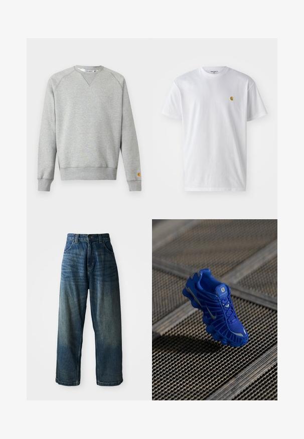 Helehall hall crewneck-tüüpne dressipluus pikkade varrukate ja soonikkoes mansettidega ning väike logoga tahvel vasaku varruka mansetil.; Valge puuvillane t-särk lühikeste varrukatega, ümmargune kaelus, millel on väike kuldne logo vasakul rinnal. Pehme tekstuur ja regulaarne lõike.; Laiad sinised denim teksad, millel on kulunud viimistlus. Omab viit taskut, nupuvajutust ja kontrastseid õmblusi. Tugev kangas.; Sinine spordijalats, millel on võrkmaterjalist pealsed, tekstuuriga disain ja silmapaistev tallapool, kus on eristuvad pehmenduselemendid ja reflektiivsed aktsendid.