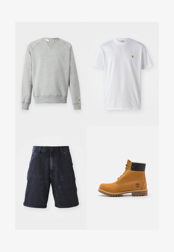Lysegrå crewneck sweatshir t med lange ærmer, ribbede manchetter og kant, samt lille logo patch på venstre ærmekant.; Hvid bomulds t-shirt med korte ærmer, rund hals og et lille guld logo på venstre brystområde. Blød tekstur og almindelig pasform.; Mørke denim shorts med lige snit, store forlommer og knaplukning; glat tekstur og minimale syninger.; Brune læder ankelstøvle med metaløjer, hvid pelsforing, sort polstret krave, robust sål og præget logo på siden.