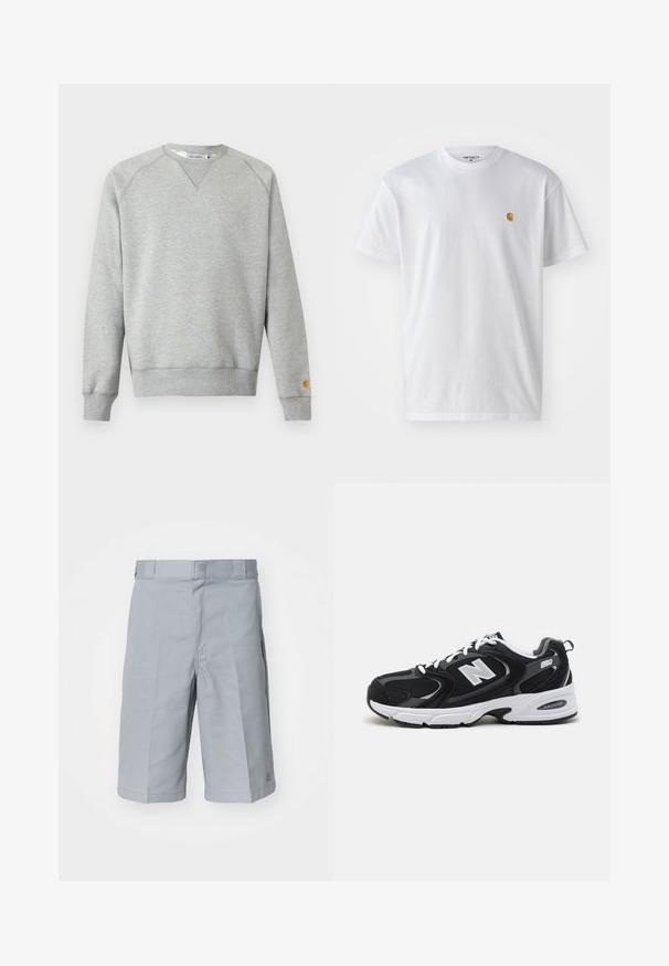 Lysegrå crewneck sweatshir t med lange ærmer, ribbede manchetter og kant, samt lille logo patch på venstre ærmekant.; Hvid bomulds t-shirt med korte ærmer, rund hals og et lille guld logo på venstre brystområde. Blød tekstur og almindelig pasform.; Lys grå shorts lavet af slidstærkt stof, med lige snit, en talje med bæltestropper og diskrete plisseringer.; Sorte og grå sportssko med mesh og ruskind på overdelen, der har en hvid mellemsål, snørebånd og et iøjnefaldende "N" logo på siden.