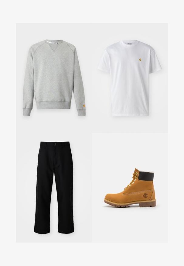 Lysegrå crewneck sweatshir t med lange ærmer, ribbede manchetter og kant, samt lille logo patch på venstre ærmekant.; Hvid bomulds t-shirt med korte ærmer, rund hals og et lille guld logo på venstre brystområde. Blød tekstur og almindelig pasform.; Sorte lige ben bukser med bæltestropper, frontknap og lynlås lukning på ensfarvet lys baggrund.; Brune læder ankelstøvle med metaløjer, hvid pelsforing, sort polstret krave, robust sål og præget logo på siden.