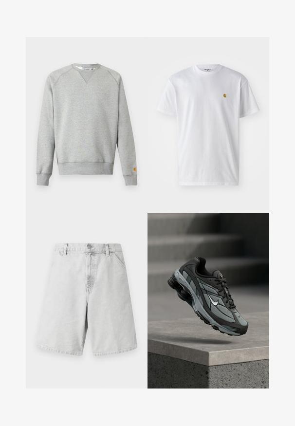 Lysegrå crewneck sweatshir t med lange ærmer, ribbede manchetter og kant, samt lille logo patch på venstre ærmekant.; Hvid bomulds t-shirt med korte ærmer, rund hals og et lille guld logo på venstre brystområde. Blød tekstur og almindelig pasform.; Lys grå bomuldsshorts med klassisk pasform, der har lynlås, bæltestropper og sidelommer. Glat tekstur med enkelt design.; Grå og sort atletiksko med meshpaneler og tyk sål, placeret i luften over en betonliste med trapper i baggrunden.