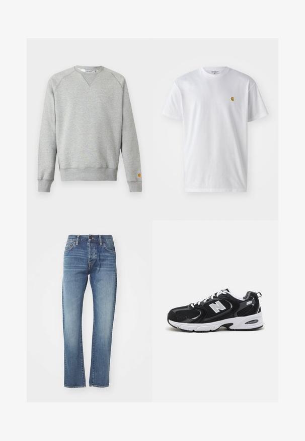 Hellgraues Sweatshirt mit Rundhalsausschnitt, langen Ärmeln, gerippten Bündchen und Saum sowie kleinem Logo-Patch am linken Ärmelbündchen.; Weißes Baumwoll-T-Shirt mit kurzen Ärmeln, Rundhalsausschnitt, mit einem kleinen goldenen Logo im linken Brustbereich. Weicher Stoff und normale Passform.; Blaue Denim-Jeans mit geradem Schnitt, mittlerer Waschung, fünf Taschen und subtilen Ausbleichungen. Enthält einen klassischen Bund und Gürtelschlaufen.; Schwarze und graue Sportschuhe mit Obermaterial aus Mesh und Wildleder, ausgestattet mit einer weißen Zwischensohle, Schnürsenkeln und einem markanten "N"-Logo an der Seite.