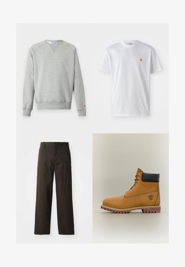 Lysegrå crewneck sweatshir t med lange ærmer, ribbede manchetter og kant, samt lille logo patch på venstre ærmekant.; Hvid bomulds t-shirt med korte ærmer, rund hals og et lille guld logo på venstre brystområde. Blød tekstur og almindelig pasform.; Sorte bomuldsbukser med et lige ben-design, der har en knaplukning og et klassisk taljehåndter. Glat tekstur, ingen mønstre eller accenter.; Brun læderankelstøvle med sort krave, gule snørebånd og tanfarvet sål. Har logo og hvide syninger som detalje. Robust ydersål med greb.
