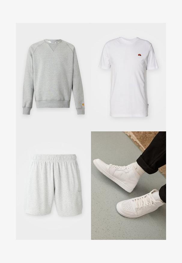 Sudadera gris claro con cuello redondo, mangas largas, puños y dobladillo acanalados, y pequeño parche con logo en el puño de la manga izquierda.; Camiseta sencilla blanca de manga corta con un pequeño logo semicircular rojo y naranja en la parte superior izquierda del pecho.; Pantalones cortos de algodón grises con una cintura elástica, que presentan una textura suave y bolsillos laterales. Detalle sutil del logo en el dobladillo.; Zapatillas altas blancas hechas de cuero suave con puntera perforada, cierre de cordones y sutil detalle del logo en el lateral. Suela de goma texturizada.