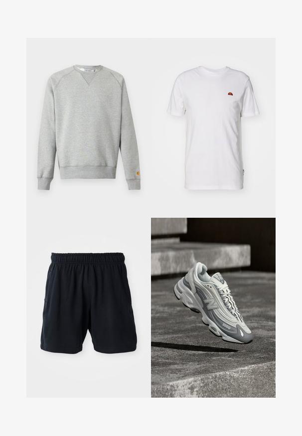 Hellgraues Sweatshirt mit Rundhalsausschnitt, langen Ärmeln, gerippten Bündchen und Saum sowie kleinem Logo-Patch am linken Ärmelbündchen.; Weißes Baumwoll-T-Shirt mit kurzen Ärmeln und Rundhalsausschnitt. Verfügt über ein kleines, farbenfrohes Logo auf der linken Brustseite. Weicher Stoff.; Schwarze Sportshorts aus weichem Stoff, mit einem elastischen Bund und zwei seitlichen Taschen für zusätzlichen Komfort.; Weißer und grauer New Balance 1000 Sneaker schwebt über einer Betonfläche mit Treppen im Hintergrund.