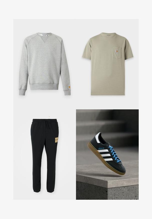 Helehall hall crewneck-tüüpne dressipluus pikkade varrukate ja soonikkoes mansettidega ning väike logoga tahvel vasaku varruka mansetil.; Beež lühikeste varrukatega Carhartt t-särk rinnataskuga, kus on Carhartti logo kleebis valgel taustal.; Mustad musta värvi aktiivpüksid, elastse vöökoha, nööriga, mansettidega pahkluudes ning pruun Columbia logo patchiga paremal reitel.; Must Adidas toss valgete triibu, siniste paelte ja kummist tallaga, hõljuv pehme valgusega halli betoonastme kohal.