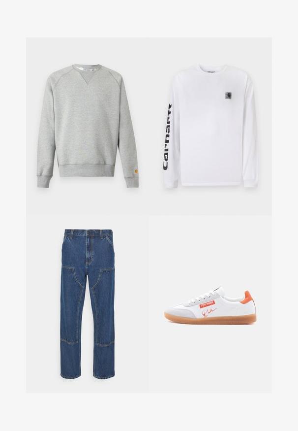 Lysegrå crewneck sweatshir t med lange ærmer, ribbede manchetter og kant, samt lille logo patch på venstre ærmekant.; Hvid langærmet t-shirt lavet af bomuld, med en lille sort logo-lap på brystet og fed sort tekst langs venstre ærme.; Blå denim jeans med lige ben, frontlappelommer og kontrasterende syninger. Stoffet har en klassisk tekstur og finish.; Lavprofil hvid sneaker med gummisål, grå ruskindståsko, orange hælflig og rød "Steve Madden"-logo og signatur på siden.