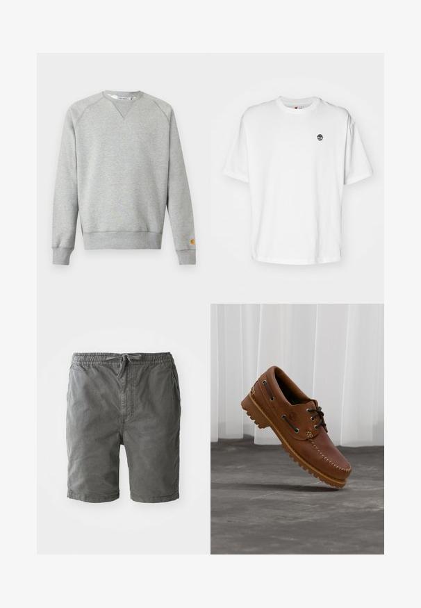Helehall hall crewneck-tüüpne dressipluus pikkade varrukate ja soonikkoes mansettidega ning väike logoga tahvel vasaku varruka mansetil.; Valge puuvillane T-särk ümmarguse kaelusega, lühikeste varrukatega ning vasakul rinnal väike must puu logo. Pehme kangas, lõdva lõikega.; Hallid puuvillased lühikesed püksid, millel on elastne vöökoht ja nöör. Omavad siledat, tekstureeritud kangast külgõmblustega ning mugavat lõiget.; Pruun nahast paadisuss mustade paelte, beežide õmbluste ja robustse taldaga, hõljuvalt halli betoonpõranda kohal.