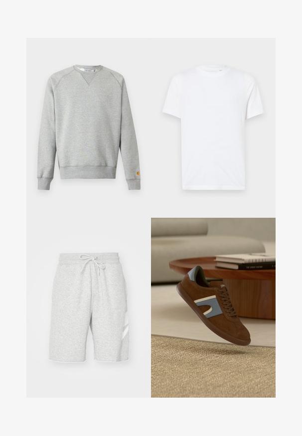 Hellgraues Sweatshirt mit Rundhalsausschnitt, langen Ärmeln, gerippten Bündchen und Saum sowie kleinem Logo-Patch am linken Ärmelbündchen.; Weißes Baumwoll-T-Shirt mit Rundhalsausschnitt und kurzen Ärmeln. Mit einem kleinen, eingeprägten Logo auf der linken Brust. Glatte Textur.; Herren Sweatshorts in Grau aus weichem Baumwollmaterial, mit elastischem Bund und Kordelzug, Seitentaschen und einem weißen Logodetail.; Brauner Wildleder-Sneaker mit hellblauen Akzenten, rundem Zehenbereich, brauner Sohle und weißen Details. Schnürsenkel und ein gepolsterter Kragen sorgen für Komfort.