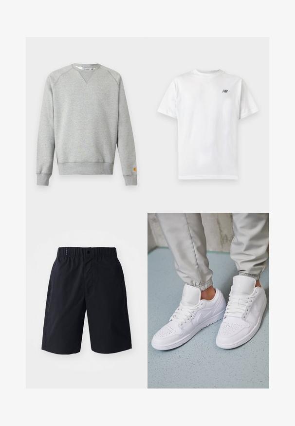 Lysegrå crewneck sweatshir t med lange ærmer, ribbede manchetter og kant, samt lille logo patch på venstre ærmekant.; Hvid t-shirt med korte ærmer og rund halsudskæring med et lille sort New Balance-logo på øverste venstre bryst på en ensartet lys baggrund.; Sorte shorts lavet af letvægtsstof, med flad front, elastisk talje og sidelommer. Enkel design uden mønstre.; Hvide lædersneakers har en perforeret tåboks, flade snørebånd, polstret krave og Jordan-logoet på tungen. Båret med grå joggers.