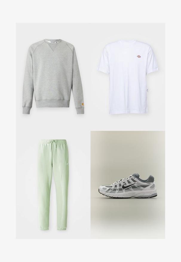 Lysegrå crewneck sweatshir t med lange ærmer, ribbede manchetter og kant, samt lille logo patch på venstre ærmekant.; Hvid bomulds t-shirt med v-hals og korte ærmer. Har et lille farverigt broderet logo på venstre bryst. Blød tekstur.; Lys grønne sweatpants lavet af blødt bomuld, med elastisk talje med snøre og tapered ben, afsluttet med samlede manchetter.; Hvid og grå Nike P-6000 sneaker med sort swoosh, meshpaneler og tekstureret sål, vist i sideprofil på neutral baggrund.