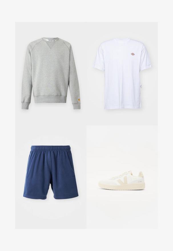Hellgraues Sweatshirt mit Rundhalsausschnitt, langen Ärmeln, gerippten Bündchen und Saum sowie kleinem Logo-Patch am linken Ärmelbündchen.; Weißes Baumwoll-T-Shirt mit V-Ausschnitt und kurzen Ärmeln. Besitzt ein kleines, buntes, gesticktes Logo auf der linken Brustseite. Weiches Material.; Marineblaue Shorts aus weichstem Baumwollmix, mit einem elastischen Bund, seitlichen Taschen und geradem Schnitt. Ideal für Freizeitmode.; Weißer Sneaker mit beigen Akzenten, ausgestattet mit einem strukturierten Obermaterial, runder Zehenpartie und einer dicken Gummisohle. Das Design umfasst das ikonische V-Logo und Branding.