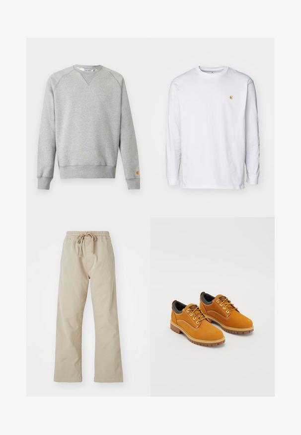 Hellgraues Sweatshirt mit Rundhalsausschnitt, langen Ärmeln, gerippten Bündchen und Saum sowie kleinem Logo-Patch am linken Ärmelbündchen.; Weißes Langarm-T-Shirt aus Baumwolle. Mit kleinem goldenem Logo auf der Brust und Rundhalsausschnitt. Einfaches Design und normale Passform.; Beige Baumwollhose mit elastischem Bund und Kordelzug. Gerade Beinform, glatte Textur und keine sichtbaren Muster oder Akzente.; Braune Wildlederschuhe mit einer runden Zehenpartie, gelben Schnürsenkeln, einem gepolsterten schwarzen Kragen und Gummisohlen mit Rillen für besseren Halt.