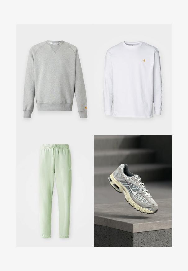 Lichtgrijze crewneck sweater met lange mouwen, geribde manchetten en zoom, en een klein logoplaatje op de linkermouwmanchet.; Witte lange mouwen t-shirt van katoen. Voorzien van een klein gouden logo op de borst en een ronde hals. Eenvoudig ontwerp en standaard pasvorm.; Lichtgroene sweatpants van zachte katoen, met een elastische tailleband met trekkoord en taps toelopende benen, afgewerkt met gathered boorden.; Grijs-witte Nike hardloopschoen met gevoerde zool zweeft boven een betonnen trede in een buitenomgeving.