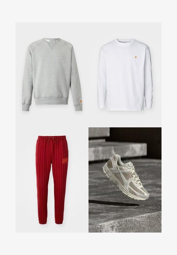 Lysegrå crewneck sweatshir t med lange ærmer, ribbede manchetter og kant, samt lille logo patch på venstre ærmekant.; Hvid langærmet t-shirt lavet af bomuld. Har et lille gyldent logo på brystet og en rund halsudskæring. Enkel design og standard pasform.; Røde stribede sweatpants med elastisk talje og snøre. Har "JUST DO IT" broderet i orange. Blødt stof med tapered ben design.; Lys beige Nike løbesko med mesh-paneler og tyk sål, svævende over grå betontrapper i udendørs omgivelser.