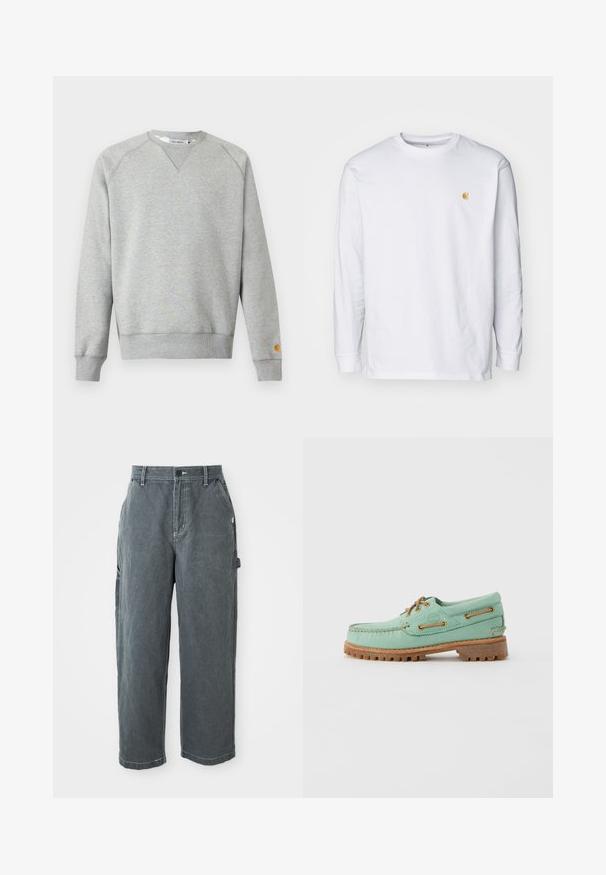 Lysegrå crewneck sweatshir t med lange ærmer, ribbede manchetter og kant, samt lille logo patch på venstre ærmekant.; Hvid langærmet t-shirt lavet af bomuld. Har et lille gyldent logo på brystet og en rund halsudskæring. Enkel design og standard pasform.; Mørkegrå lige ben arbejdsbukser med bæltestropper, frontknap og lynlås, sidelommer og en hammerløkke på højre ben.; Lysegrøn læder bådsko med brune snørebånd og øjer, med en tyk tekstureret gummisål og syningsdetaljer langs kanterne.