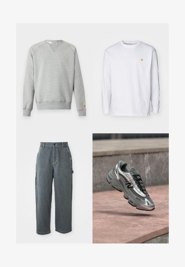 Lysegrå crewneck sweatshir t med lange ærmer, ribbede manchetter og kant, samt lille logo patch på venstre ærmekant.; Hvid langærmet t-shirt lavet af bomuld. Har et lille gyldent logo på brystet og en rund halsudskæring. Enkel design og standard pasform.; Mørkegrå lige ben arbejdsbukser med bæltestropper, frontknap og lynlås, sidelommer og en hammerløkke på højre ben.; Grå og sølvfarvet New Balance-sneaker mærket "1000", der svæver over en rosafarvet stenet overflade med en grå stenvæg i baggrunden.