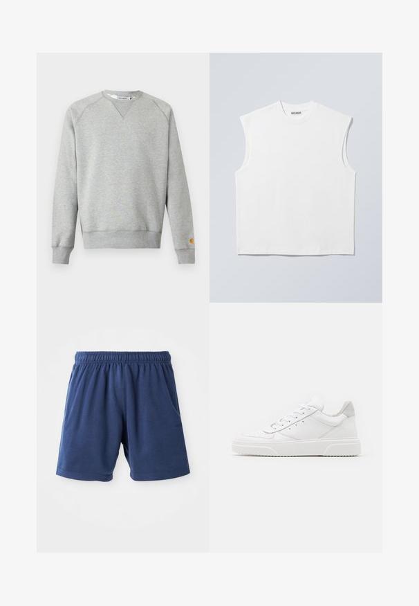 Helehall hall crewneck-tüüpne dressipluus pikkade varrukate ja soonikkoes mansettidega ning väike logoga tahvel vasaku varruka mansetil.; Valge puuvillane, varrukateta, ümmarguse kaelusega särk, millel on struktureeritud õlad ja mis kannab kaelal sildil brändi "WEEKDAY", kujutatud heledal hallil taustal.; Tumesinised lühikesed püksid, mis on valmistatud pehmest puuvilla segust, elastse vöökoha, küljetaskute ja sirge lõikega. Ideaalne igapäevaseks kandmiseks.; Valged nahast spordijalatsid siledast nahast viimistlusega, ümarate varvastega, lamekestega ja tekstuuriga tallaga. Hall suede aktsent kanna juures.
