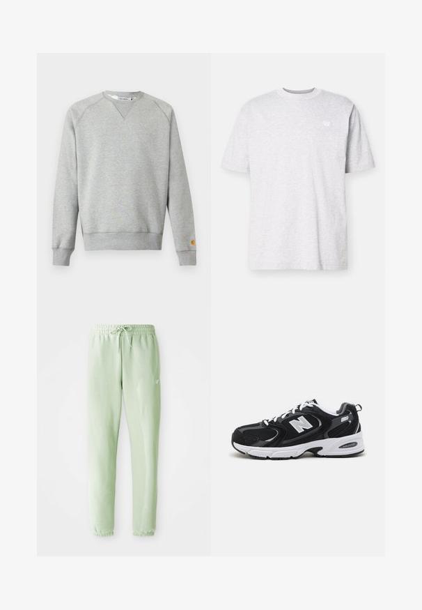 Hellgraues Sweatshirt mit Rundhalsausschnitt, langen Ärmeln, gerippten Bündchen und Saum sowie kleinem Logo-Patch am linken Ärmelbündchen.; Helles graues Baumwoll-T-Shirt mit kurzen Ärmeln, rundem Ausschnitt und einem kleinen weißen Logo auf der linken Brust. Weicher Griff, lässige Passform.; Helle grüne Jogginghosen aus weichem Baumwollstoff, mit einem elastischen Bund und Kordelzug, schmal zulaufenden Beinen und gerüschten Bündchen.; Schwarze und graue Sportschuhe mit Obermaterial aus Mesh und Wildleder, ausgestattet mit einer weißen Zwischensohle, Schnürsenkeln und einem markanten "N"-Logo an der Seite.