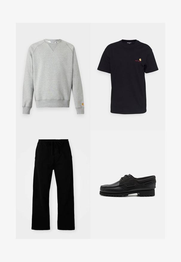 Lysegrå crewneck sweatshir t med lange ærmer, ribbede manchetter og kant, samt lille logo patch på venstre ærmekant.; Sort bomulds T-shirt med korte ærmer, rund hals og lille farverigt logo på venstre bryst. Klassisk snit med en glat tekstur.; Sorte bukser med elastisk talje og justerbar snor, brede ben og en glat bomulds struktur. Ingen synlige mønstre eller hardware detaljer.; Sort sko med overdel i læder, tekstilaccentuer, runde snørebånd og en tekstureret gummisål. Udstyret med mokkasinsyning og branddetalje.