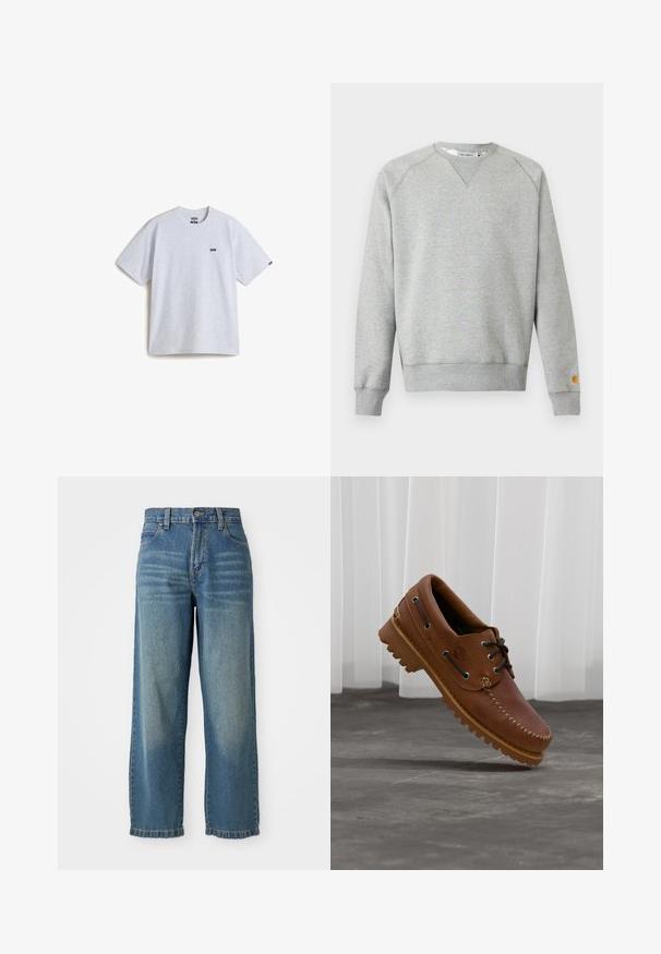 Sudadera gris claro con cuello redondo, mangas largas, puños y dobladillo acanalados, y pequeño parche con logo en el puño de la manga izquierda.; Camiseta de manga corta gris claro hecha de algodón, con un pequeño logo negro en el pecho y un cuello redondo. Diseño simple, sin patrones.; Jeans de mezclilla ancha de color azul claro con una cintura alta, cinco bolsillos y un acabado ligeramente desgastado. Cuenta con un cierre de botón y cremallera.; Zapato náutico de cuero marrón con cordones negros, costuras beige y una suela resistente, suspendido sobre un suelo de hormigón gris.
