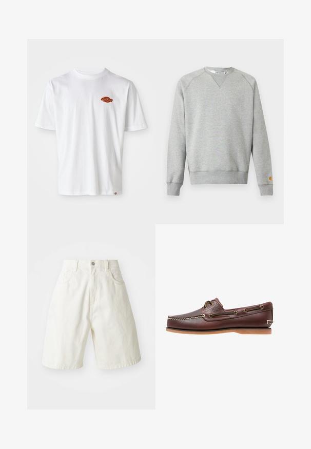 Lysegrå crewneck sweatshir t med lange ærmer, ribbede manchetter og kant, samt lille logo patch på venstre ærmekant.; Hvid bomulds t-shirt med korte ærmer, der har et lille orange og sort "Dickies" logo på venstre brystområde.; Hvide denimshorts med en afslappet pasform, der har en talje, fem lommer og lige ben. Stoffet har en let tekstur.; Brun læder bådsko med hvide sømme, snøre detaljer og lysbrun gummisål, vist fra siden på hvid baggrund.
