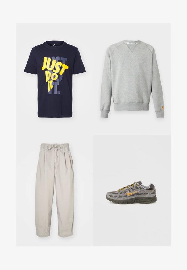 Sudadera gris claro con cuello redondo, mangas largas, puños y dobladillo acanalados, y pequeño parche con logo en el puño de la manga izquierda.; Camiseta de algodón azul marino con la frase "JUST DO IT." en tipografía amarilla y gris en negrita. Diseño clásico de cuello redondo, con mangas cortas.; Pantalones ligeros color beige con cintura elástica y cordón de ajuste. Presentan pliegues y un corte holgado, elaborados con una tela suave y lisa.; Zapatilla de ante gris con acentos dorados, paneles texturizados y cordones a juego. Cuenta con una suela acolchada y un detalle de logotipo en el lateral.